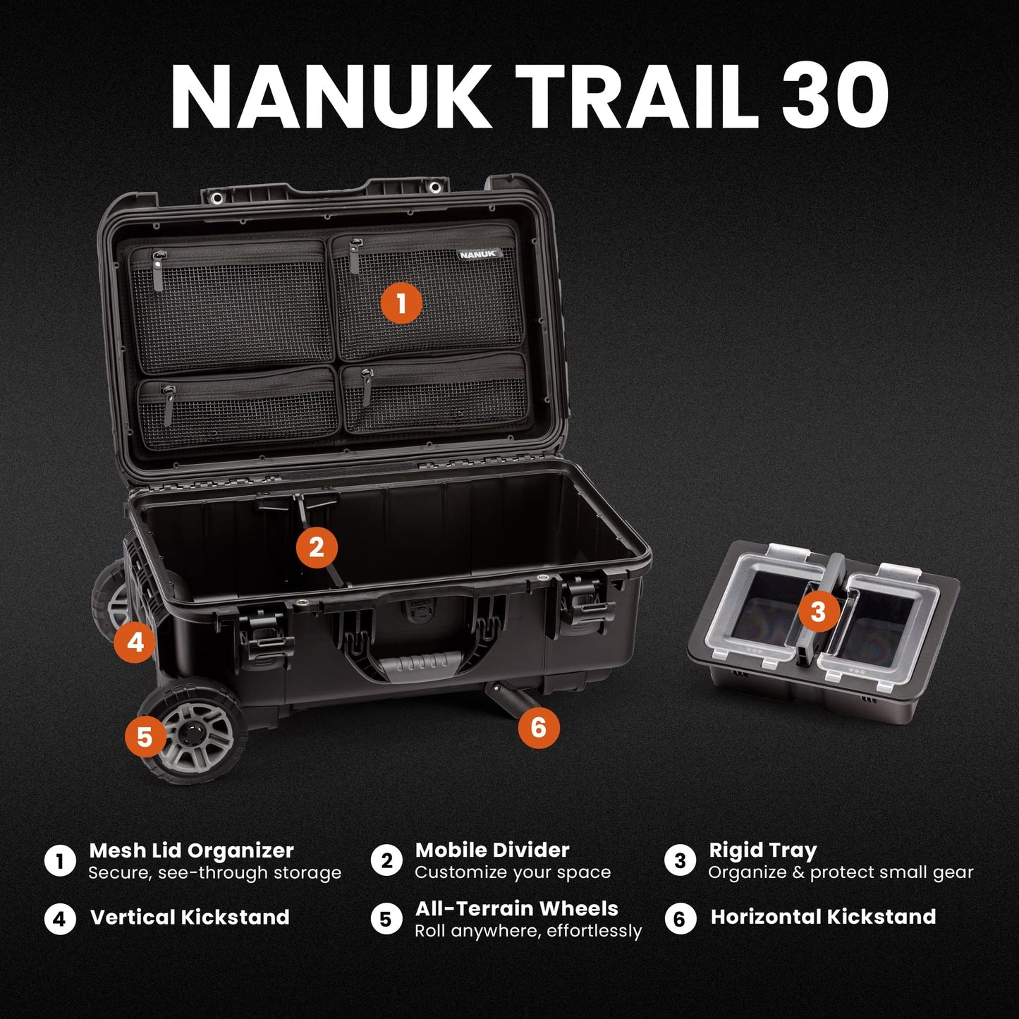 NANUK Trail 30 – 28.5L (7.5-Gallon) Waterproof Storage Box – Wheeled and Modular Cargo Case for Camping, Fishing, Hunting & Outdoor Storage - Dustproof and Impact Resistant (22" x 14" x 9") – Black