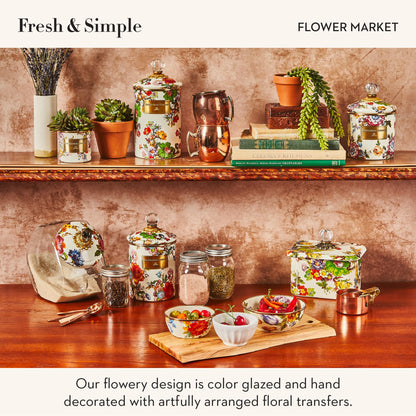 MACKENZIE-CHILDS Enamel Canister, Versatile Kitchen Storage Container for Flour and Sugar, Large, 64-Ounce Capacity, White Flower Market