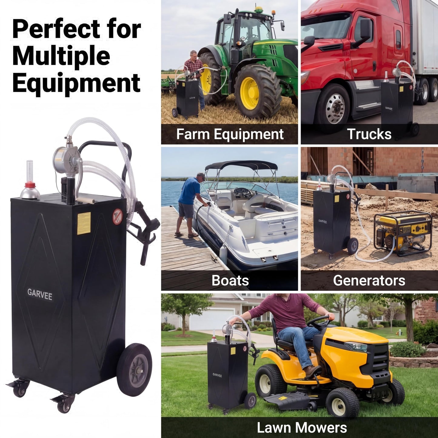GarveeTech 35 Gallon Fuel Caddy with Manual Pump, Portable Fuel Transfer Tank on Wheels, Heavy Duty Gasoline & Diesel Storage Container for Trucks, Boats, ATVs, Lawn Mowers, Farm Equipment - Black