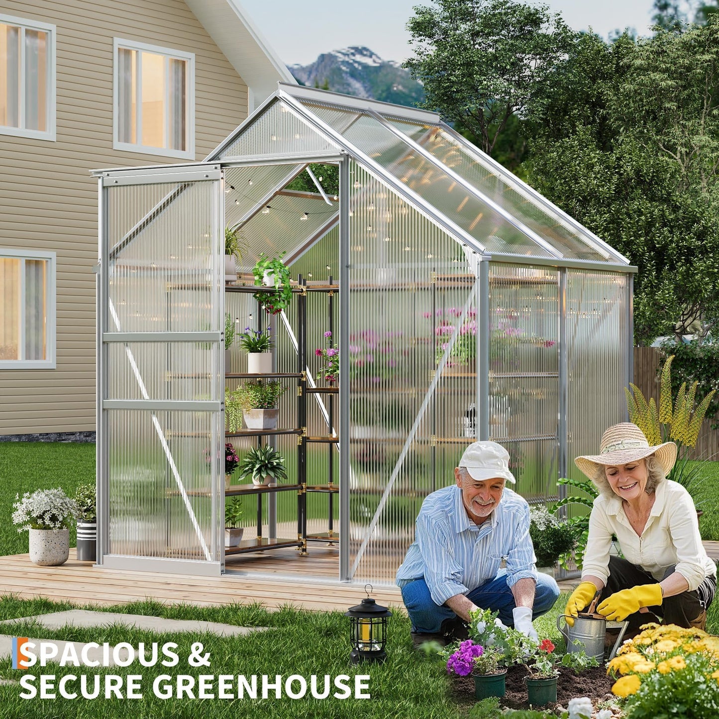 6x4FT Greenhouse for Outdoors, Walk-in Polycarbonate Greenhouse with Sliding Door, Adjustable Roof Vent & Gutter System, Portable Outdoor Green House Kit for Winter Gardening