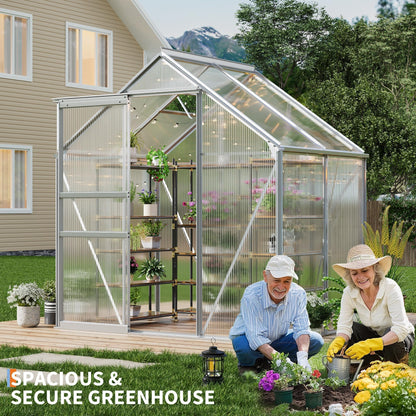 6x4FT Greenhouse for Outdoors, Walk-in Polycarbonate Greenhouse with Sliding Door, Adjustable Roof Vent & Gutter System, Portable Outdoor Green House Kit for Winter Gardening