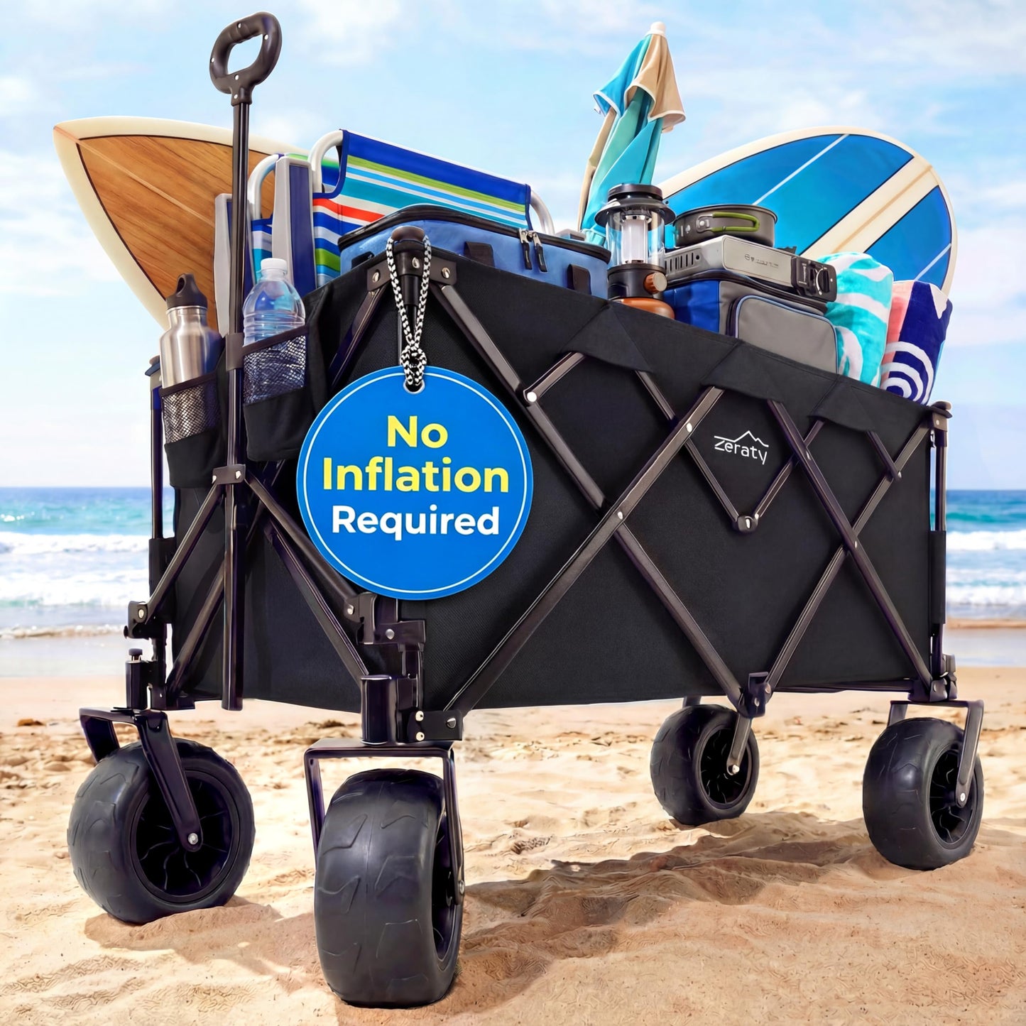 Zeraty Beach Wagon with Big Wheels for Sand, Heavy Duty All Terrain Wagons Carts Foldable with Solid 9" Tires, 300L Oversized Capacity & 330 LBS Load, Beach Cart for Outdoor & Camping, Black