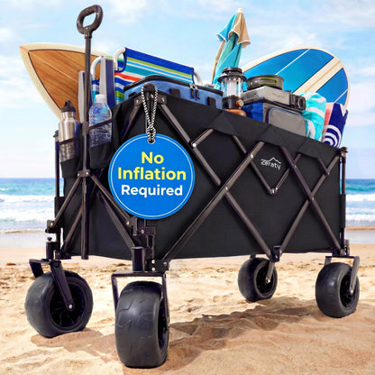 Zeraty Beach Wagon with Big Wheels for Sand, Heavy Duty All Terrain Wagons Carts Foldable with Solid 9" Tires, 300L Oversized Capacity & 330 LBS Load, Beach Cart for Outdoor & Camping, Black