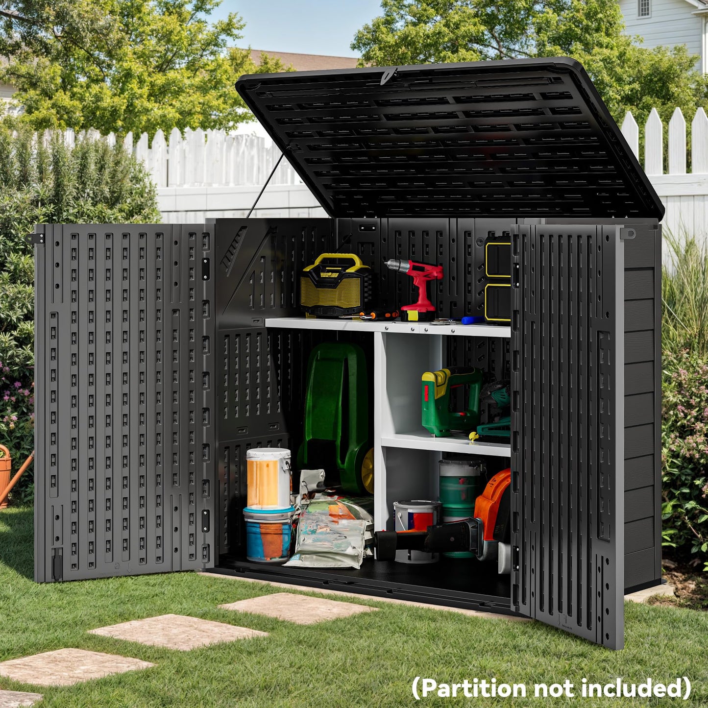 YITAHOME Outdoor Storage Shed w/o Shelf, 30 cu ft Horizontal Storage Shed Outdoor, Resin Waterproof Storage Cabinet for Garage, Poolside, Bikes, and Garden (Dark Gray + Black)