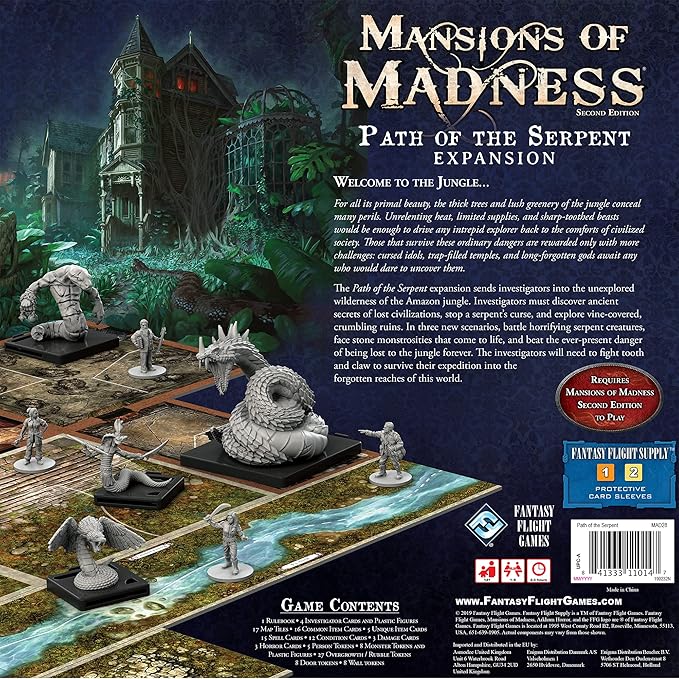 Mansions of Madness Path of The Serpent Expansion - Conquer The Perils of The Jungle and Unearth New Horrors! Ages 14+ 1-5 Players 2-3 Hour Playtime Made by Fantasy Flight Games