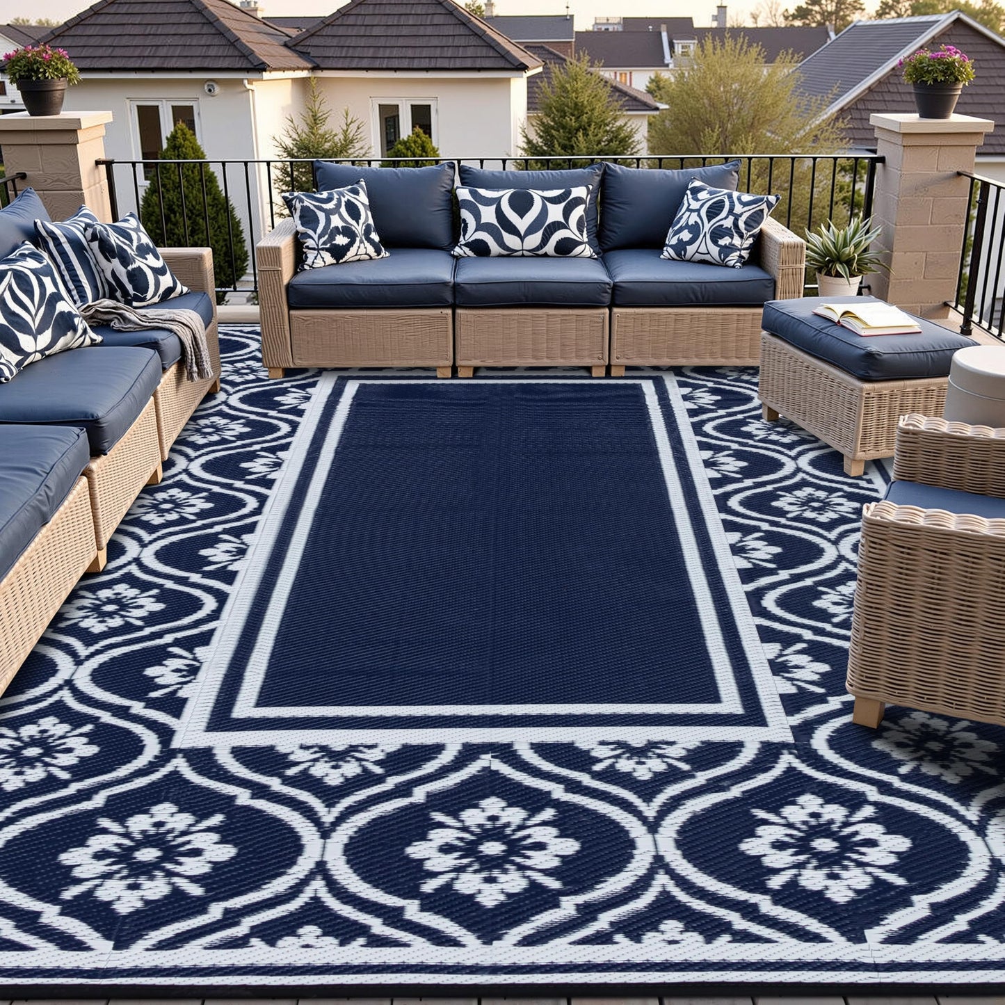 HUGEAR Patio Rug 10'x14' Waterproof Outside Area Rugs Reversible Blue Outdoor Plastic Straw Carpet for RV Deck Camping Entryance Porch Picnic Balcony Beach