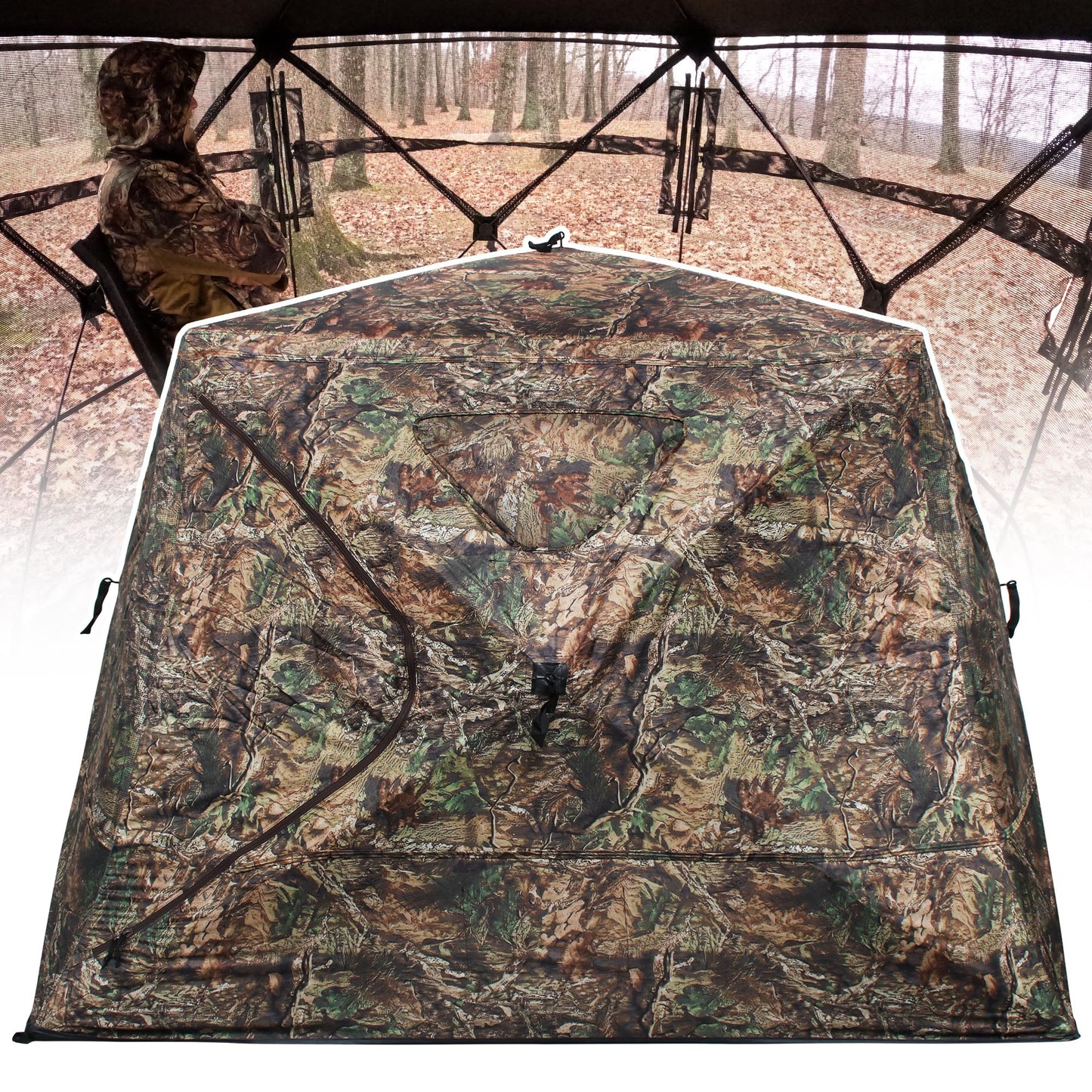 ShedOFF Wide Bottom Hunting Blind 1-3 Person with Portable Chair, 270 Degree See Through Pop up Ground Blinds for Deer Turkey Duck Hunting, Bow Hunting Adjust Windows with Silent Zipper