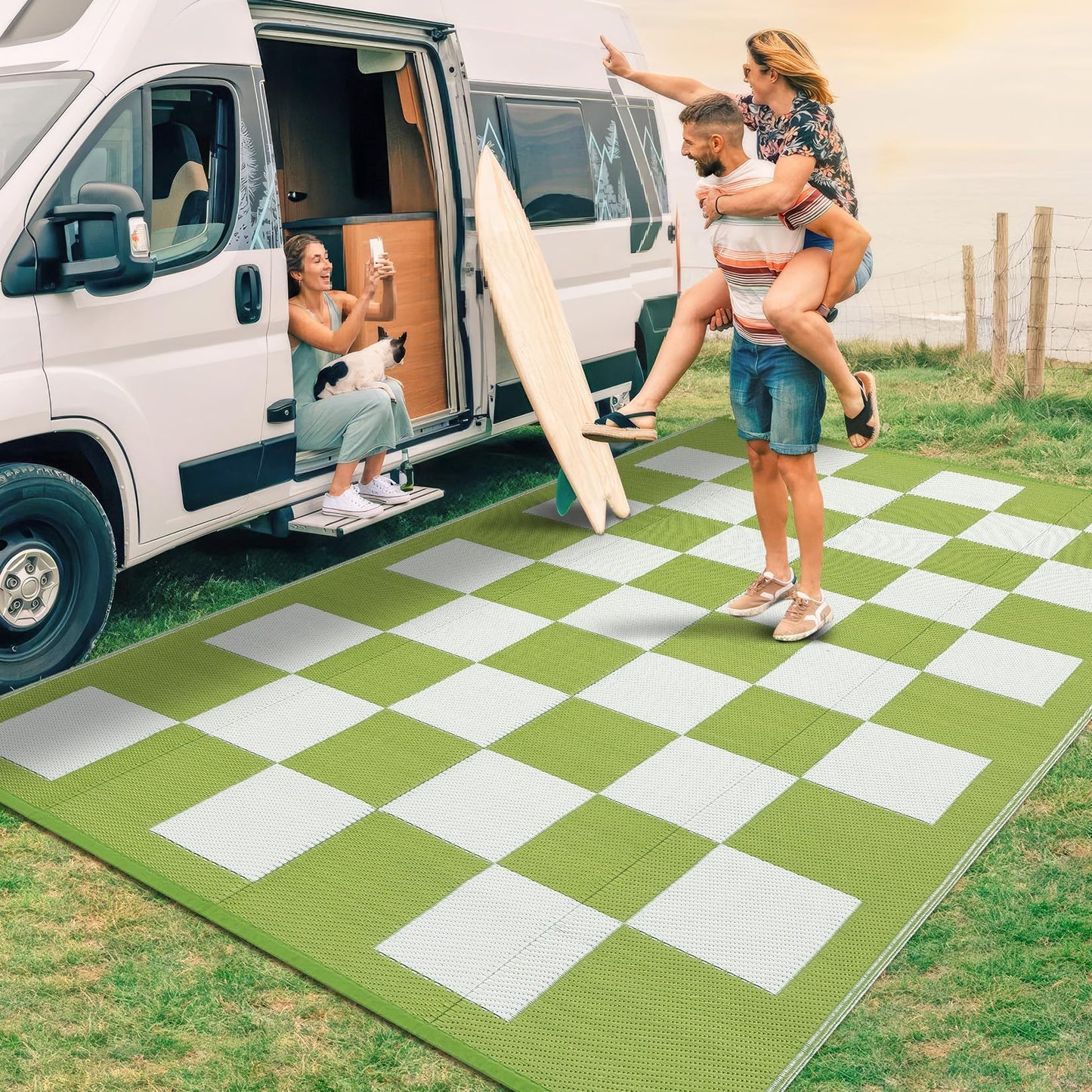 Garvee Outdoor Plastic Straw Rug 9x18 Waterproof UV Resistant Patio Camping Rug Modern Checkered Large Foldable Floor Mat for Camping, Picnic, Backyard, RV, Beach, Picnic, Deck, Green/White
