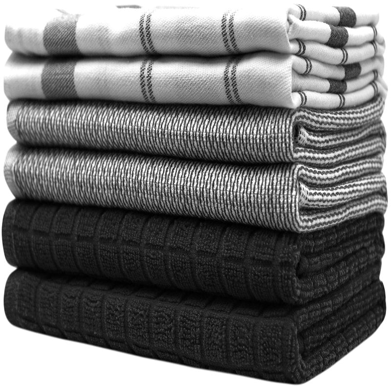Premium Kitchen Towels (20”x 28”, 6 Pack) | Large Cotton Dish Towels | Flat & Terry Highly Absorbent Kitchen Linen Set with Hanging Loop | Black Check