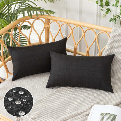 UGASA Outdoor Throw Pillow Covers - Waterproof Plaid Texture | 12x20 Inch Black Farmhouse Decor (Pack of 2)