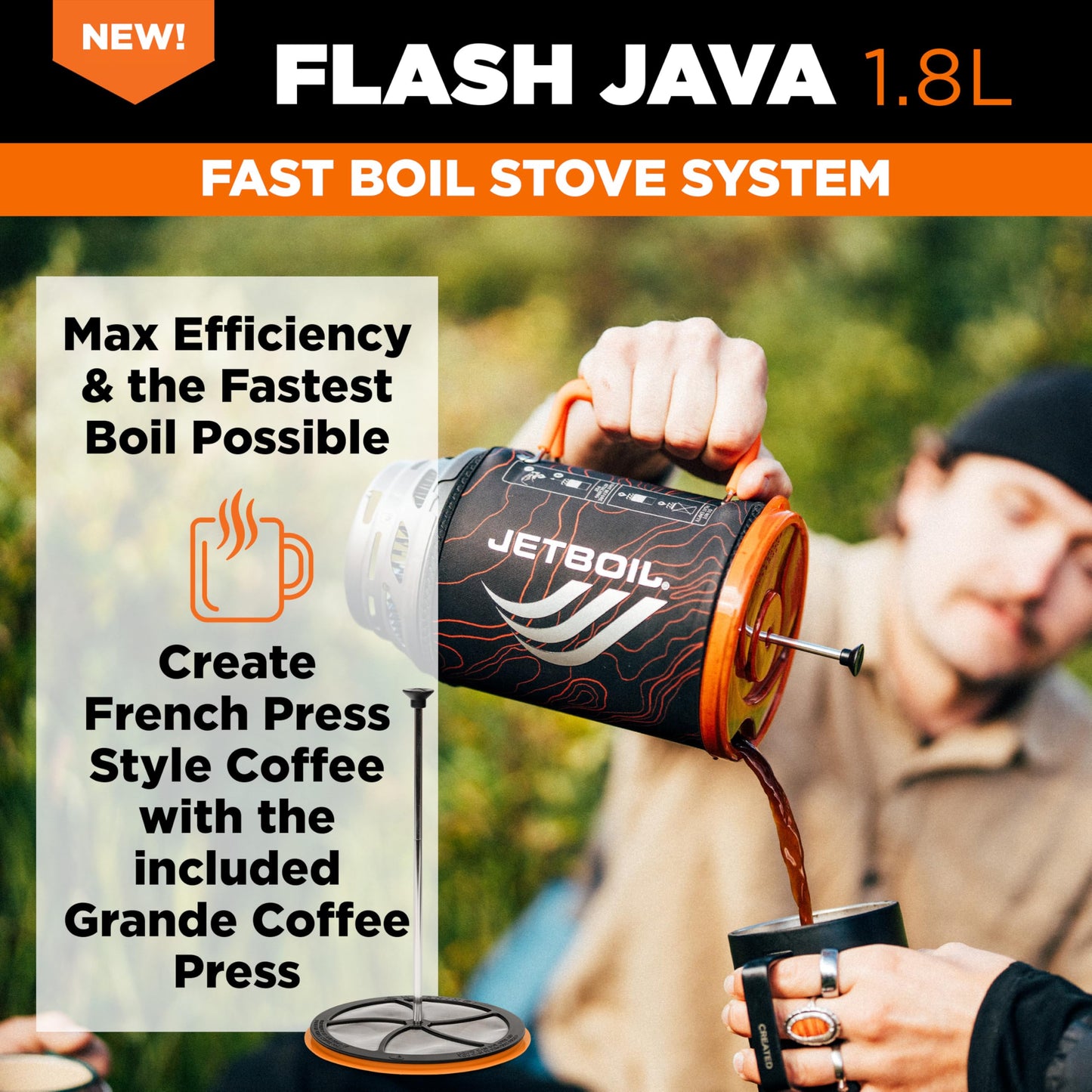 Jetboil Flash Java 1.8L Portable Fast Boil Stove and Coffee Press for Camping and Backpacking, 1-Step Auto Ignition, New for 2026, Propane/Isobutane Burner, Orange Topo