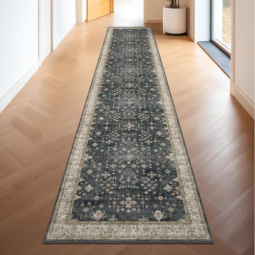 Boho Black Washable 2x10 Hallway Runner Rug - Non-Slip Vintage Floral Carpet for Kitchen & Entryway