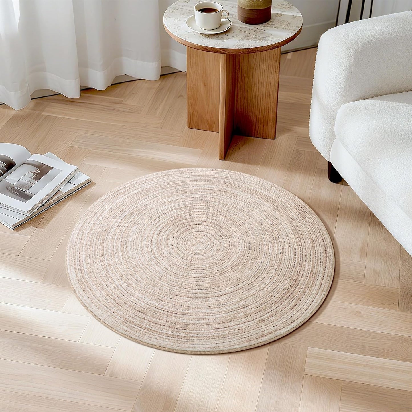 Asrug Faux Jute Round Rug - Washable Non-Slip Soft Plush Circle Rug | 2ft Khaki for Kitchen & Living Room