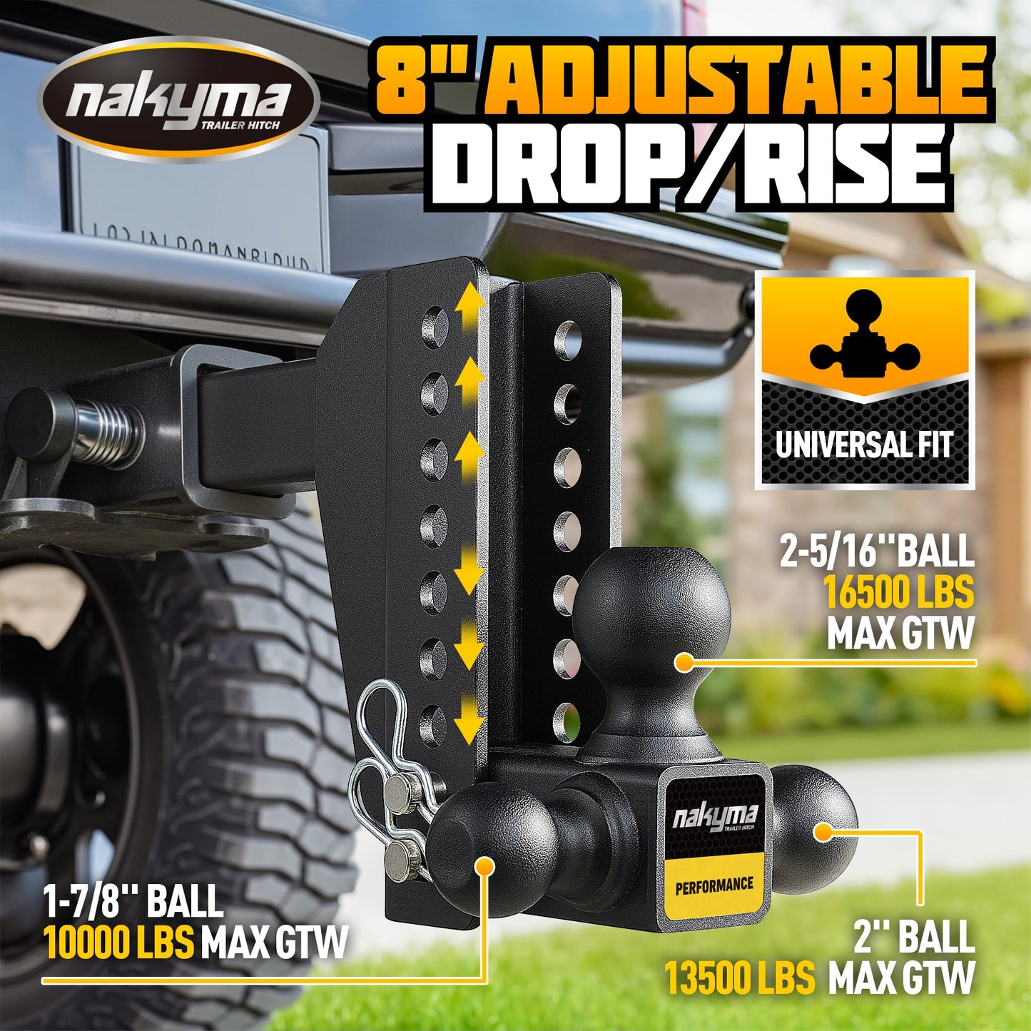 Adjustable Drop Hitch, 8 Inch Drop Down Trailer Hitch, Tri-Ball(1-7/8'', 2'', 2-5/16'') Tow Hitch, Fits 2-Inch Receiver, Max 16,500 LBS GTW - Truck Hitch with Double Anti-Theft Pins Locks