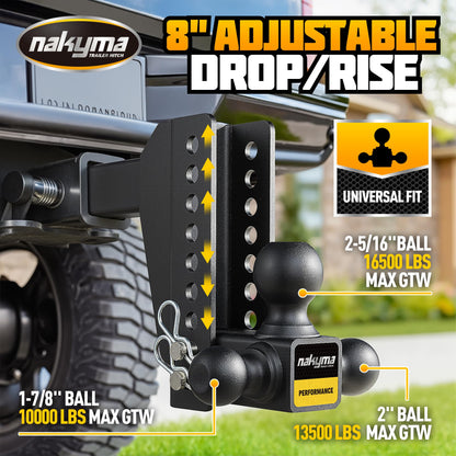 Adjustable Drop Hitch, 8 Inch Drop Down Trailer Hitch, Tri-Ball(1-7/8'', 2'', 2-5/16'') Tow Hitch, Fits 2-Inch Receiver, Max 16,500 LBS GTW - Truck Hitch with Double Anti-Theft Pins Locks