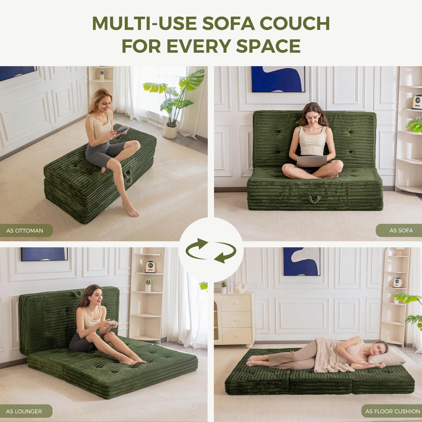 MAXYOYO Floor Sofa Couch, 6 Inch Tri-Fold Floor Sofa Bed, Folding Couch with Handles, Soft Faux Fur Folding Bed with Supportive Foam Filling, Portable Sofa for Living Room, Full, Dark Green