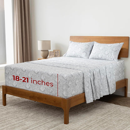 Mellanni Extra Deep Queen Sheets | 4-Piece Hotel Luxury Bedding Set - Ultra Soft, Cooling, Stain Resistant (Paisley Gray)