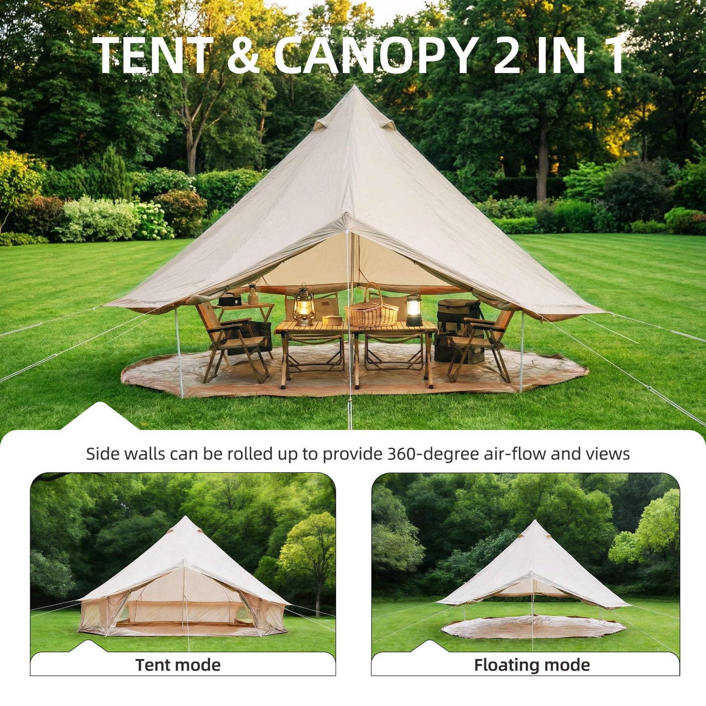 KEIKI 4 Season Canvas Bell Tent 13.1 FT Waterproof All Weather Glamping Yurt Tent, Luxury Hot Tent Stove Jack, Breathable Large Family Camping Teepee for 6 People Outdoor Adventure & Party, Beige