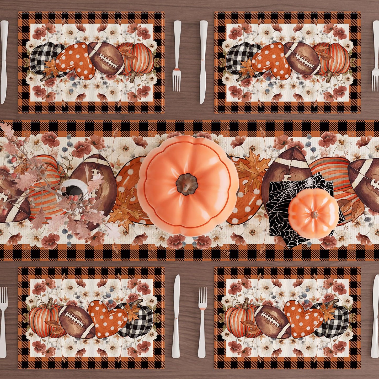 XCHI Fall Football Pumpkin Love Heart Flowers Plaid Placemats Set of 6 Table Mats for Party Home Kitchen Dining Table Decorations 12x18 Inch
