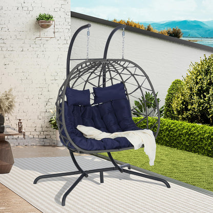 KEIKI Double Swing Egg Chair with Stand, Patio Rattan Wicker Hammock Egg Chair with UV Cushion, 2 Person Outdoor Indoor Hanging Basket Chair, 600LBS Capacity for Balcony, Dark Blue and Gray