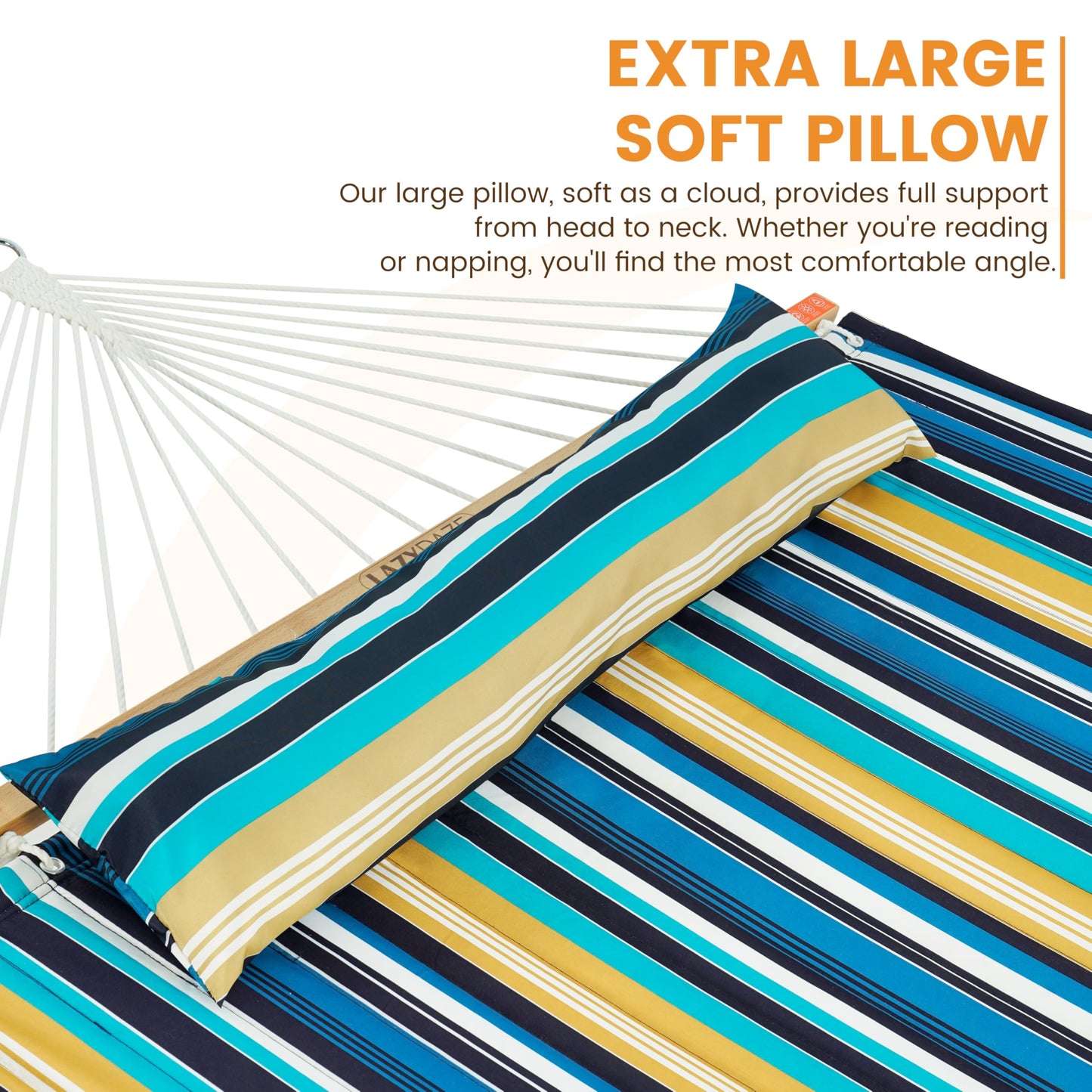 Lazy Daze Hammocks 2 Person Portable Hammock with 12FT Stand for Outside, 10.5FT Quilted Double Hammock with Spreader Bar and Detachable Pillow, 450lbs Capacity for Outdoor Patio, Beach Stripes