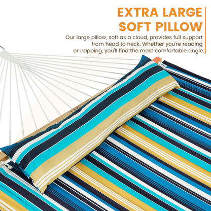 Lazy Daze Hammocks 2 Person Portable Hammock with 12FT Stand for Outside, 10.5FT Quilted Double Hammock with Spreader Bar and Detachable Pillow, 450lbs Capacity for Outdoor Patio, Beach Stripes