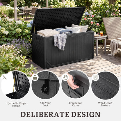 YITAHOME XXL 300 Gallon Extra Large Outdoor Deck Box, Lockable Resin Double-Wall Storage Box and Waterproof Patio Furniture Bin for Garden Tools & Pool Accessories, Black