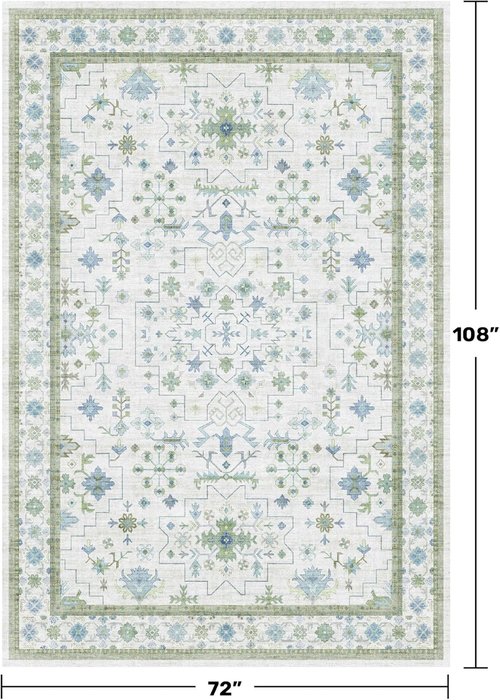 Hazo Haus Cream Oushak 6x9 Area Rug - Boho Floral Design in Cool Blue & Green | Washable, Non-Slip, Low Pile