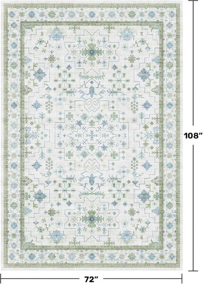 Hazo Haus Cream Oushak 6x9 Area Rug - Boho Floral Design in Cool Blue & Green | Washable, Non-Slip, Low Pile
