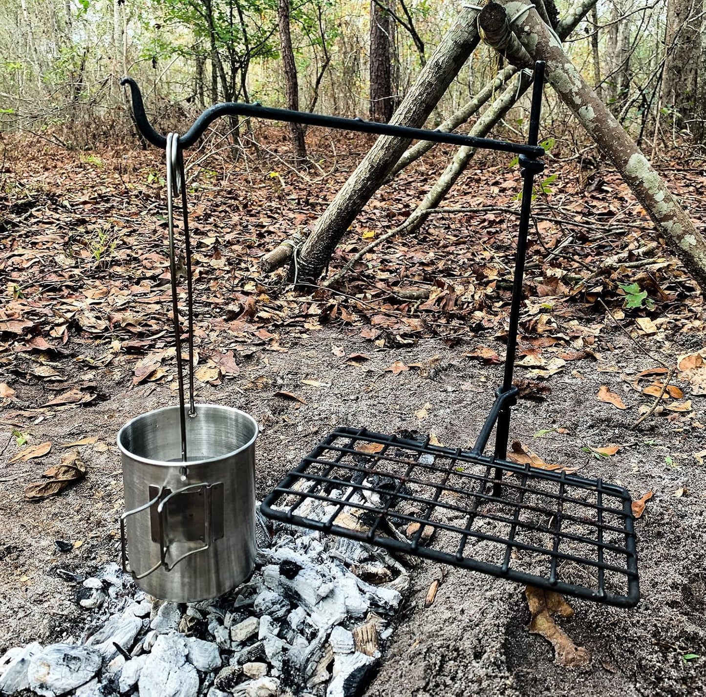 BATTLBOX Bushcraft Grill Set, Steel Campfire Cooking Grate Swivel Grill For Outdoor BBQ Open Fire, Packable Campfire Cook Set, Heavy Duty Open Fire Swivel Camping Cooktop, Canvas Bag