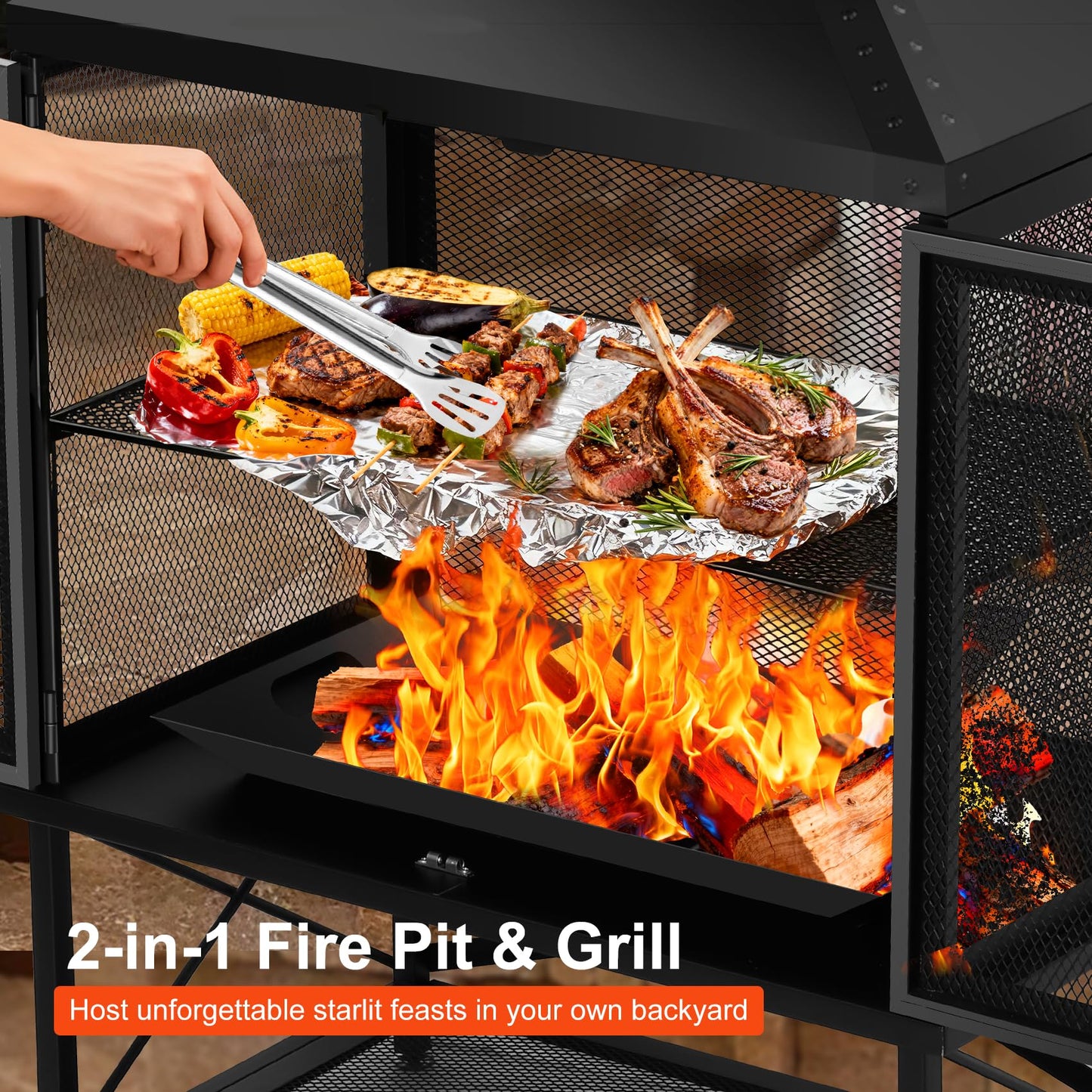 VELUVIA Metal Outdoor Fireplace for Patio - 39" H Square Chiminea Fire Pits Outside Wood Burning with Grill, Mesh Spark Screen & Fire Poker, for Garden, Backyard, Party, Camping, Picnic, BBQ, Bonfire