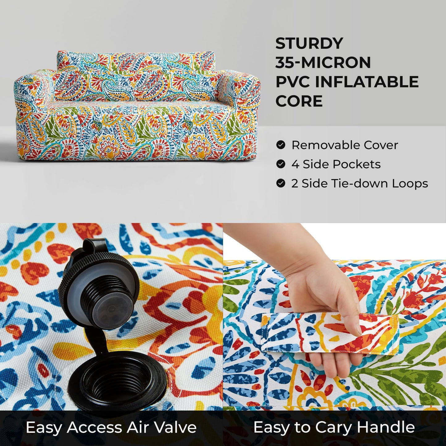 510 DESIGN Inflatable Couch Air Sofa - Blow Up Chair Portable with Handle & Tie-Down Loops, Weatherproof & Water Repellent Indoor/Outdoor Sofa for Patio, Camping, Pool, 67" Lx33 Wx28 D Multi