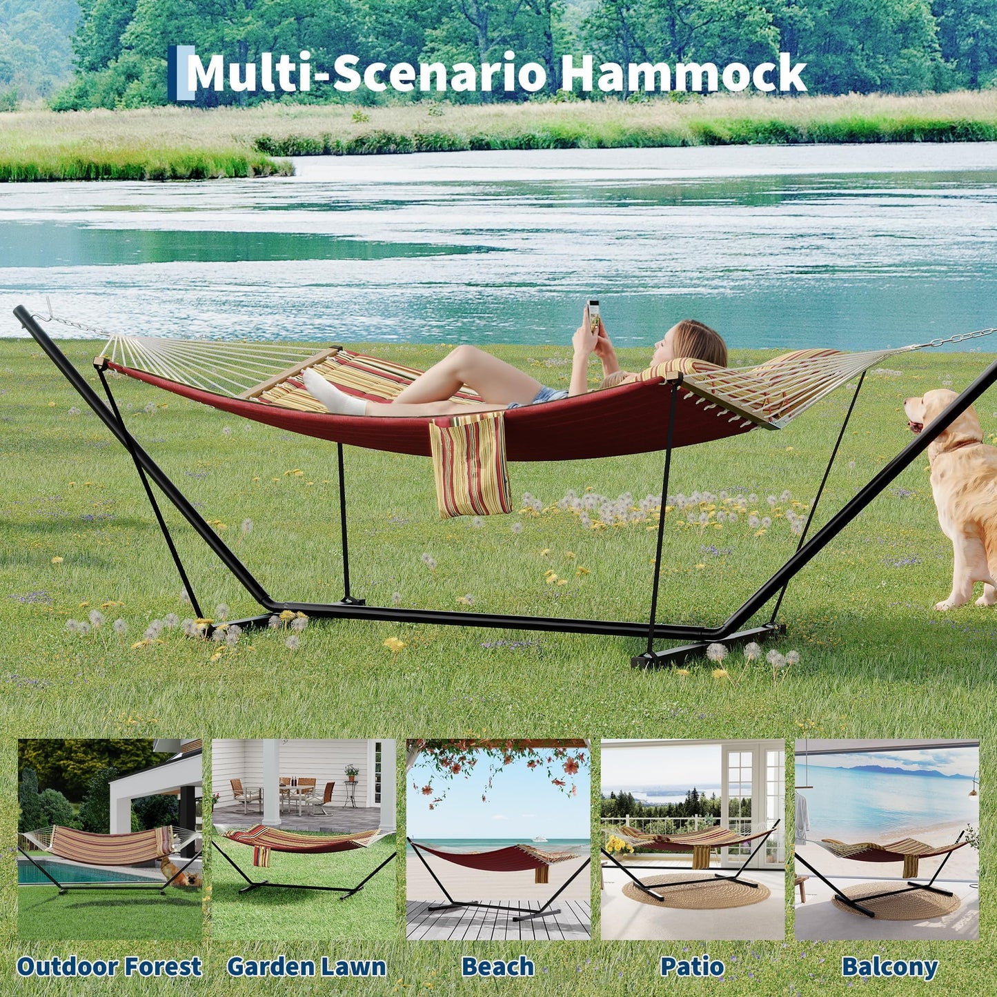 GarveeHome Portable 2 Person Double Hammock with Sturdy Heavy-Duty Steel Stand – 450LBS Max Load, Quick & Effortless Assembly, Perfect for Indoor Living, Yard, Patio & Camping Trips