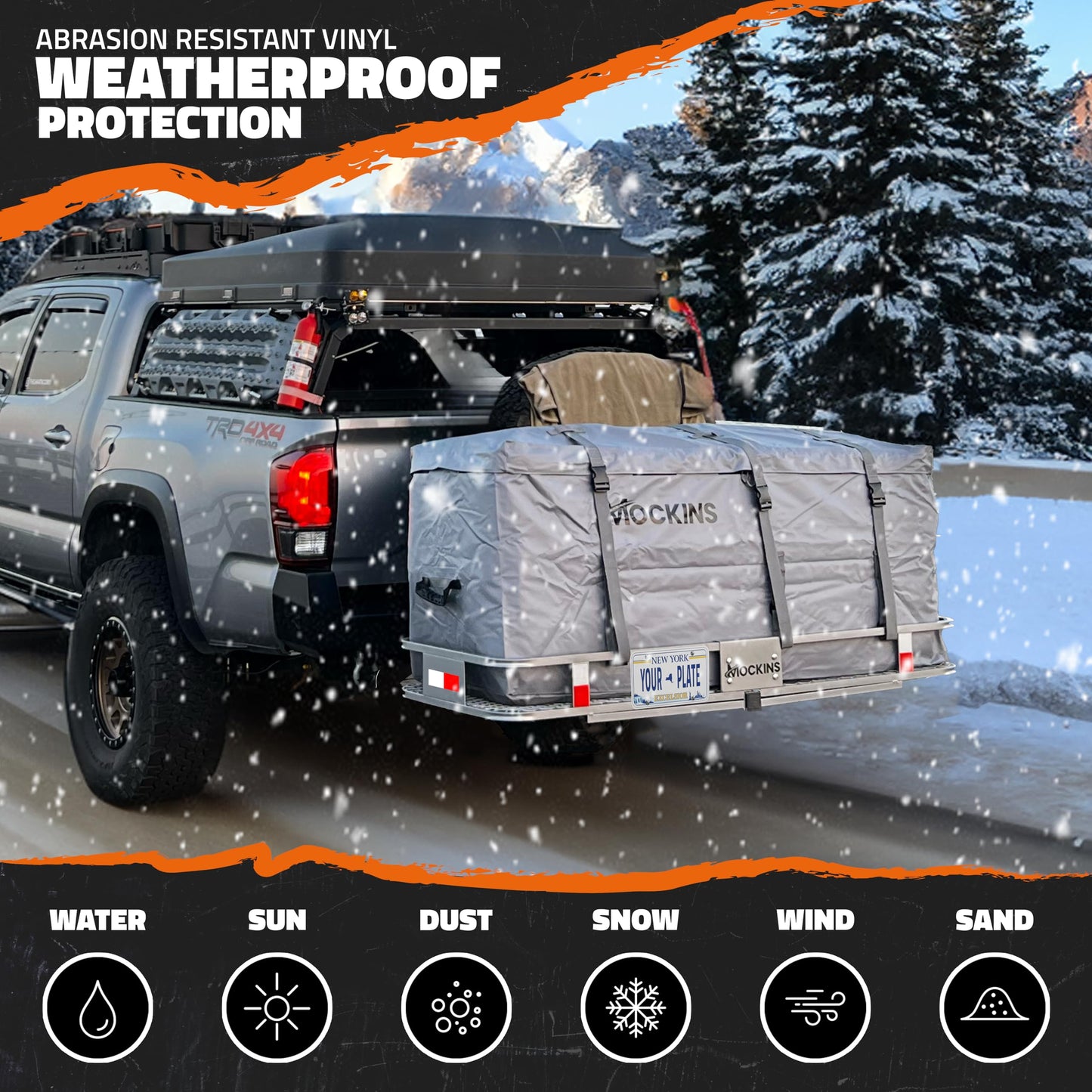 Mockins 60"x20"x6" Gray Heavy Duty Trailer Hitch Cargo Carrier & 16 CuFt Waterproof Cargo Bag for Hitch Carrier | 500 Lbs. Capacity Folding Luggage Rack for SUV Car Truck Van & RV w/Cargo Accessories