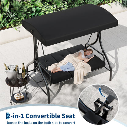 Garvee 3 Seater Outdoor Porch Swing with Stand for Adults, 2-in-1 Convertible Design Patio Swing, Thick Soft Cushion & Adjustable Removable Canopy, for Backyard Garden Patio Poolside - Black