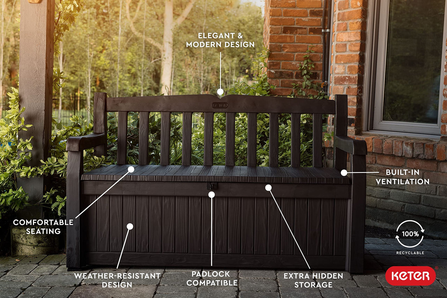 Keter Solana 70 Gallon Storage Bench Deck Box for Patio Furniture, Front Porch Decor and Outdoor Seating – Perfect to Store Garden Tools and Pool Toys, Brown/Brown