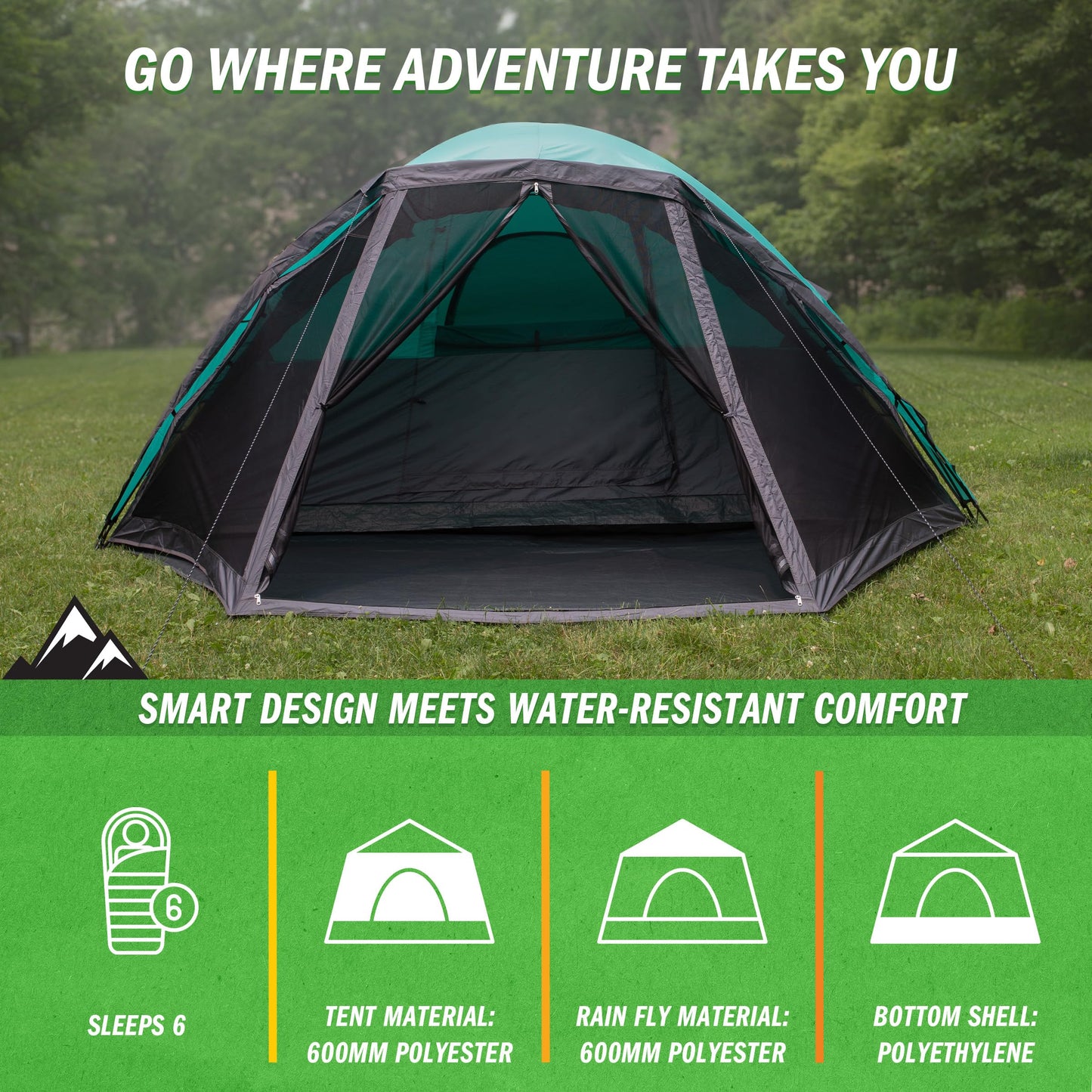 6 Person Camping Tent - Water-Resistant Cabin Style Outdoor Shelter with Built-in Screen Tent and Carrying Bag by Wakeman Outdoors (Teal)