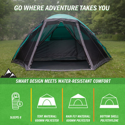 6 Person Camping Tent - Water-Resistant Cabin Style Outdoor Shelter with Built-in Screen Tent and Carrying Bag by Wakeman Outdoors (Teal)
