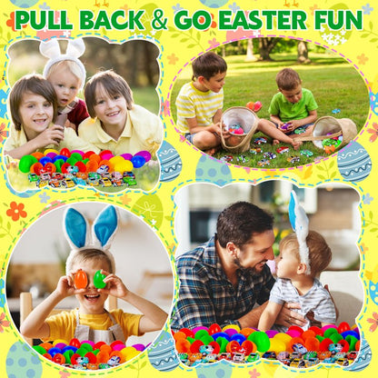 Seifar 48 Pack Prefilled Easter Eggs Filled with Pull Back Cars, Eggs with Racing Vehicle Inside, Easter Hunt Basket Stuffers Party Favors Classroom Prizes Gift for Kids Girls Boys
