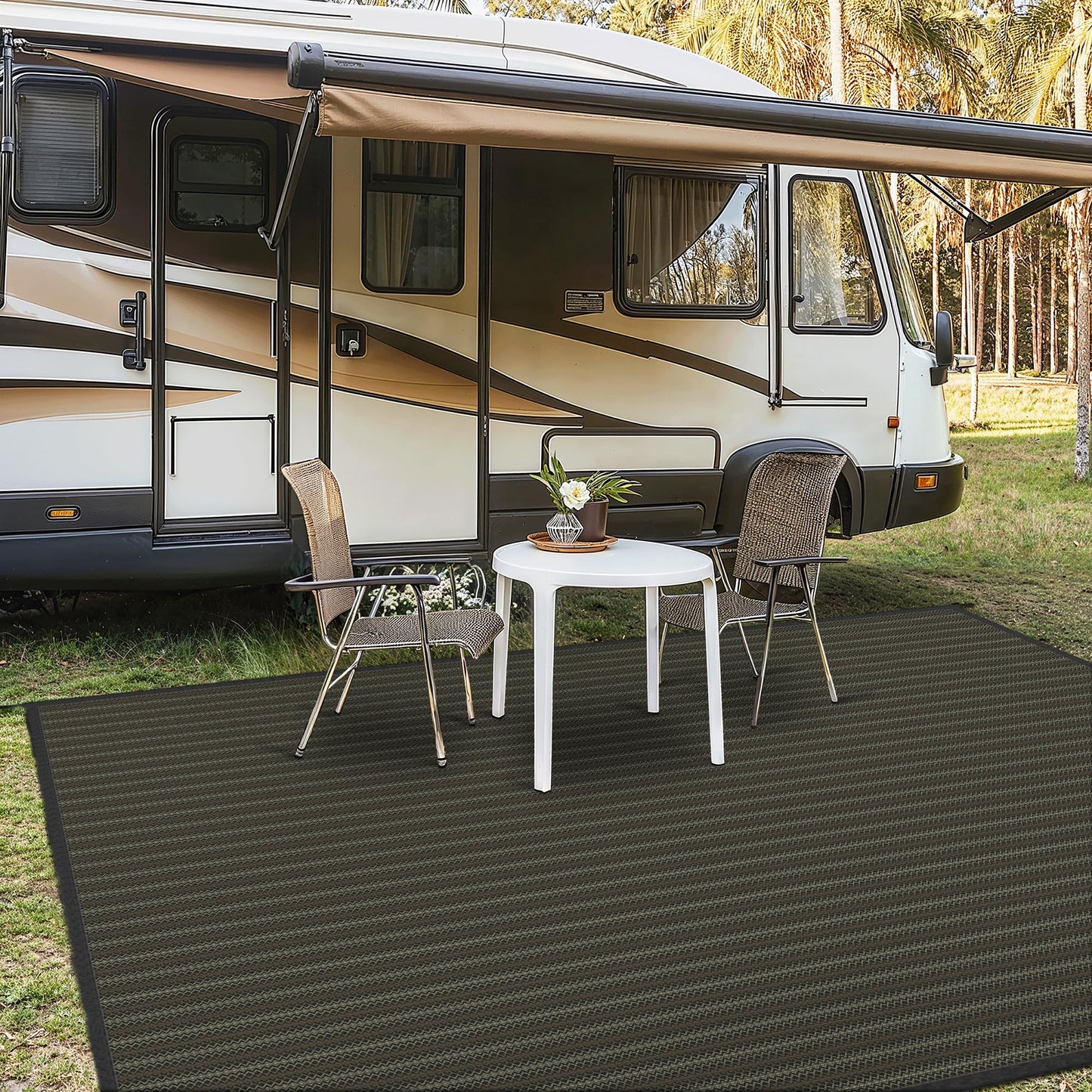 GENIMO Outdoor Rug for Patio Clearance, 10'x14' Reversible Plastic Straw Rugs, Lightweight Waterproof RV Camping Mat for Camper, Balcony, Deck, Backyard, Picnic, Black & Brown