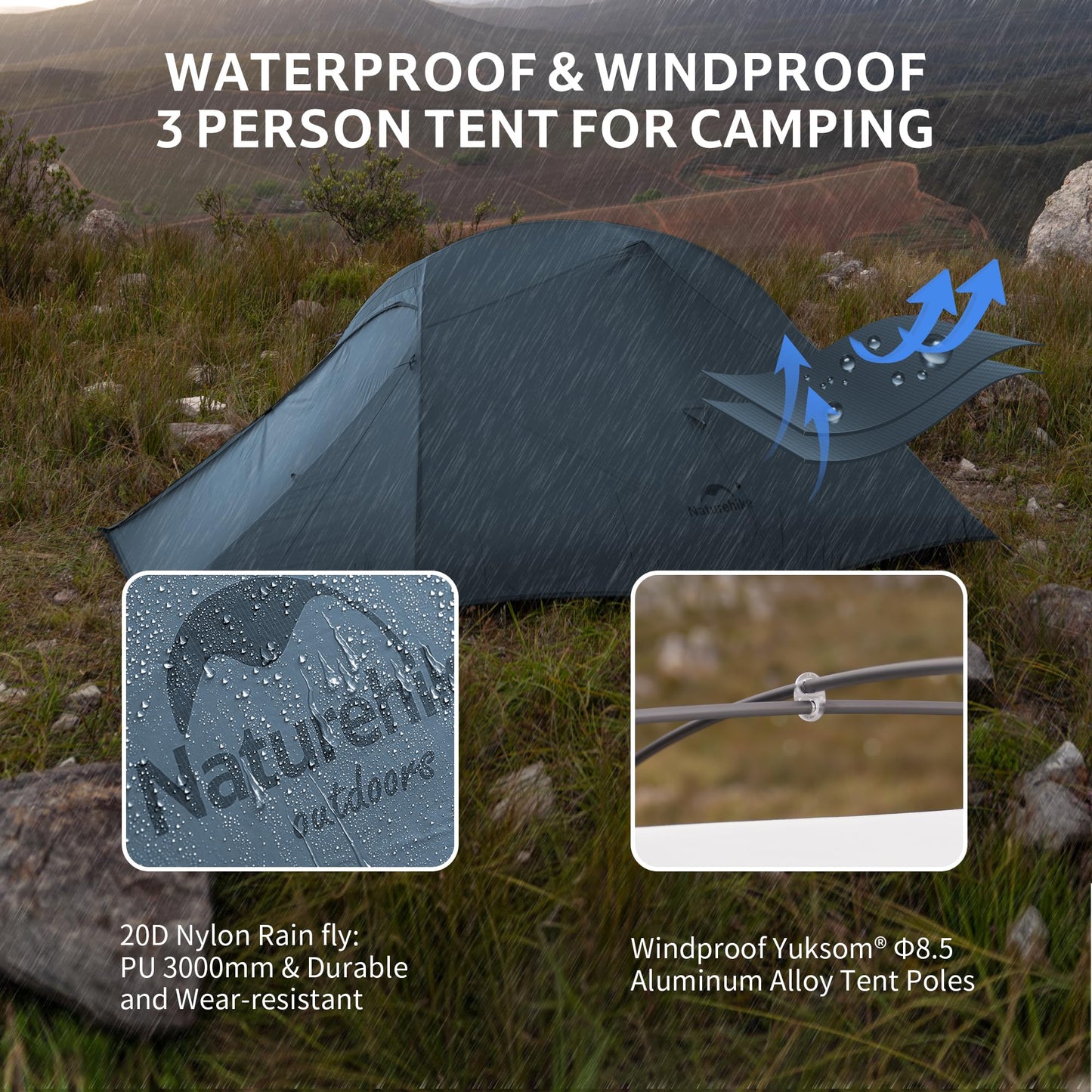 Naturehike Cloud Up 3 Person Backpacking Tent with Footprint - 3 Season Free Standing Lightweight 3 Person Camping Tent | with Footprint, Free Standing, Dome, Camping, Hiking, Waterproof
