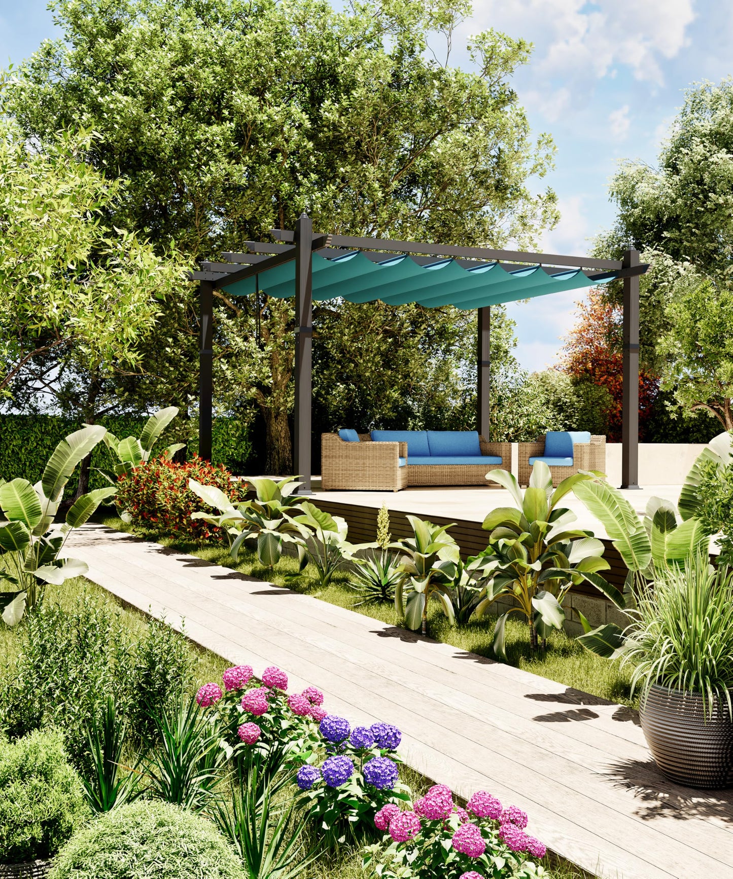 GarveeLife 10x13 ft Outdoor Pergola Metal Gazebo with Adjustable Canopy Reinforced Frame Outdoor Shelter for Backyard Garden Deck - Blue