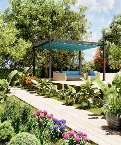 GarveeLife 10x13 ft Outdoor Pergola Metal Gazebo with Adjustable Canopy Reinforced Frame Outdoor Shelter for Backyard Garden Deck - Blue