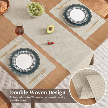 Leetaltree Beige Table Runner and Placemats Set of 5, Heat Resistant Non-Slip Place mats for Dining Table, Washable Durable PVC Vinyl Woven Table Runner Set