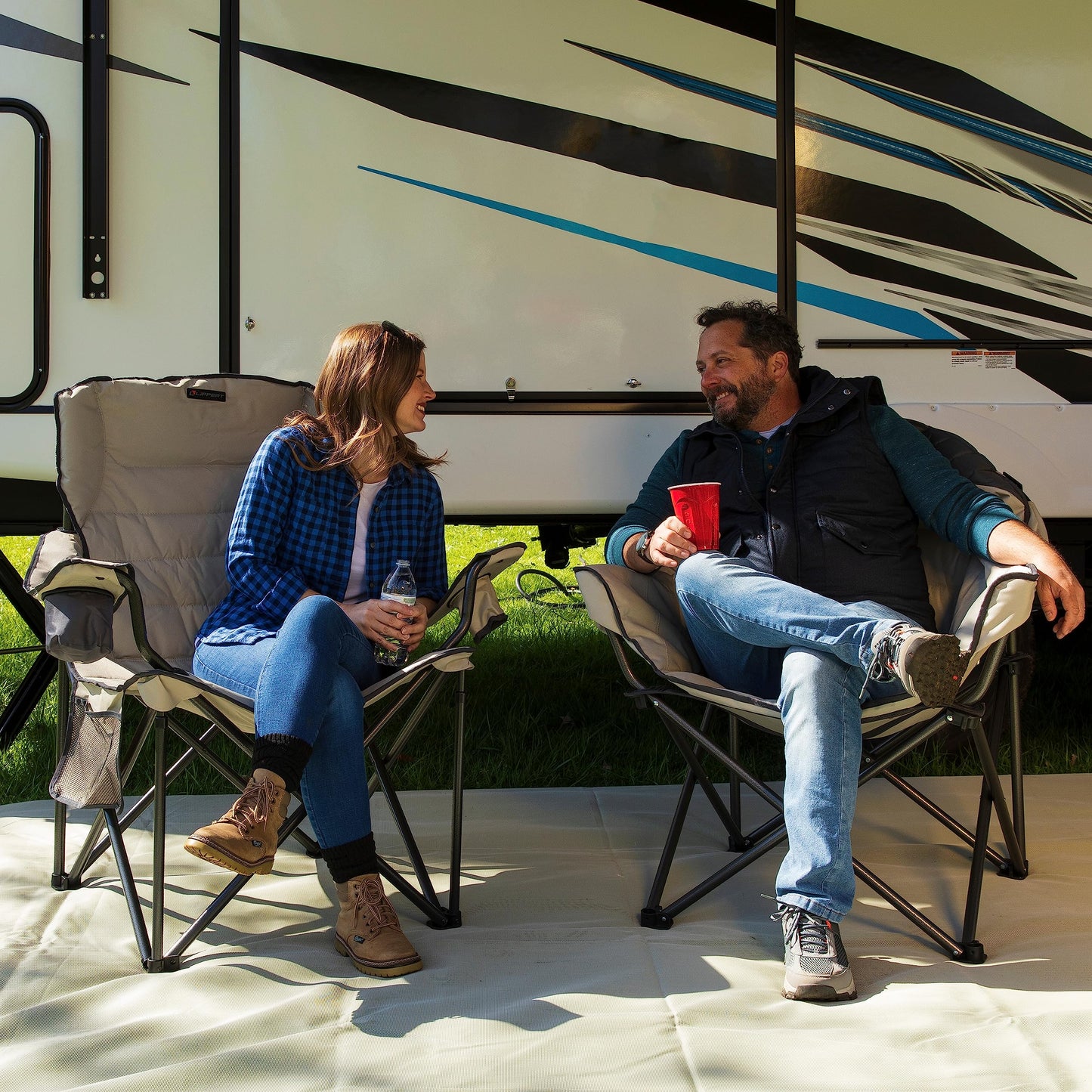 Lippert Campfire Deluxe Folding Chair - Sand, High-Loft, Foldable Cushion Chair, Dual Cup Holders, Power Coated Steel Frame, Durable 600D Outdoor Polyester Fabric, 500 lb. Capacity, 2022114819