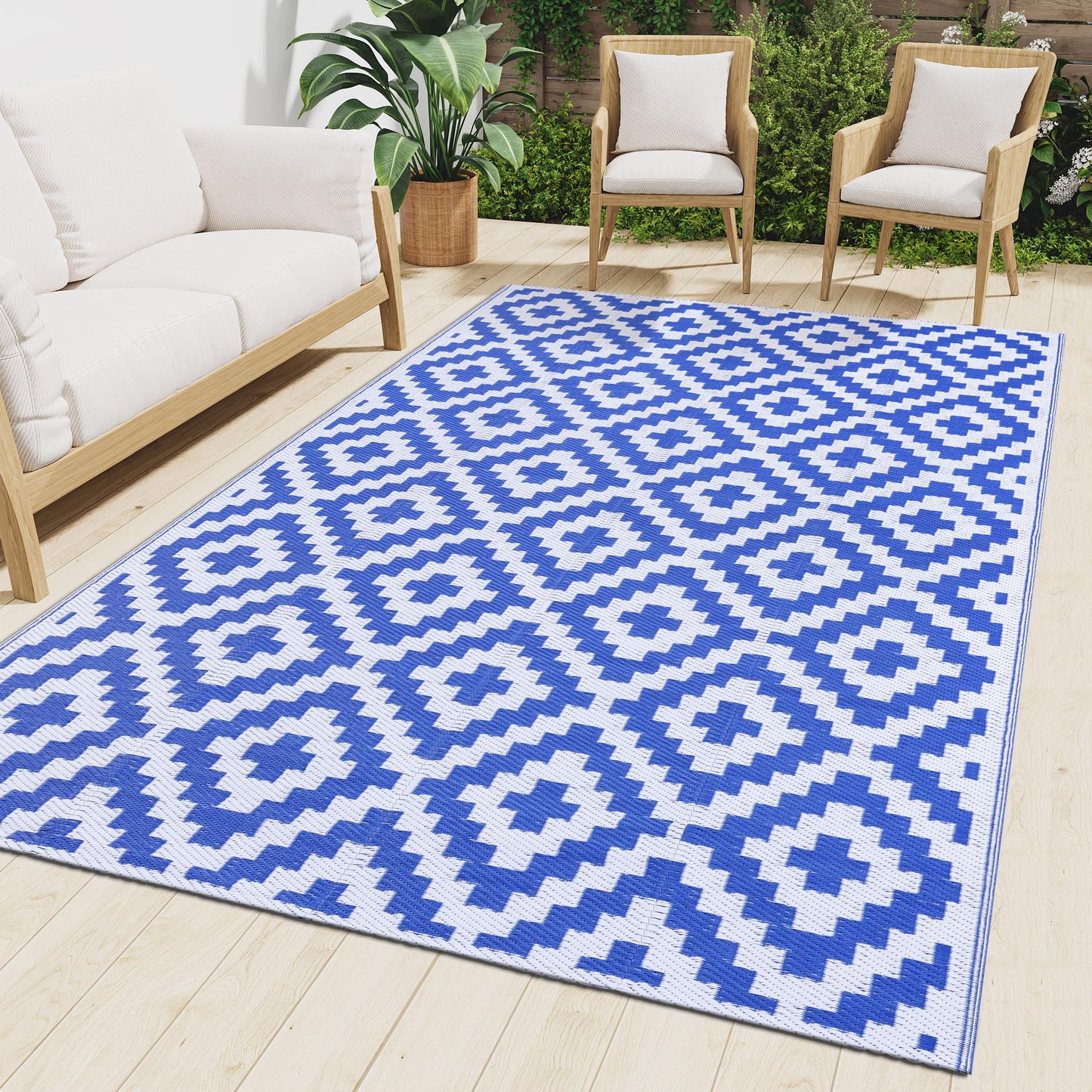 Smiry Waterproof Outdoor Rug 10X14 ft, Reversible Plastic Straw Patio Camping Rugs, Outdoor Indoor RV Mat Carpet for Patio, Outside Entry, Backyard, Deck, Bench, Picnic, Camper, White & Blue
