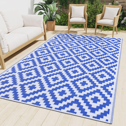 Smiry Waterproof Outdoor Rug 10X14 ft, Reversible Plastic Straw Patio Camping Rugs, Outdoor Indoor RV Mat Carpet for Patio, Outside Entry, Backyard, Deck, Bench, Picnic, Camper, White & Blue