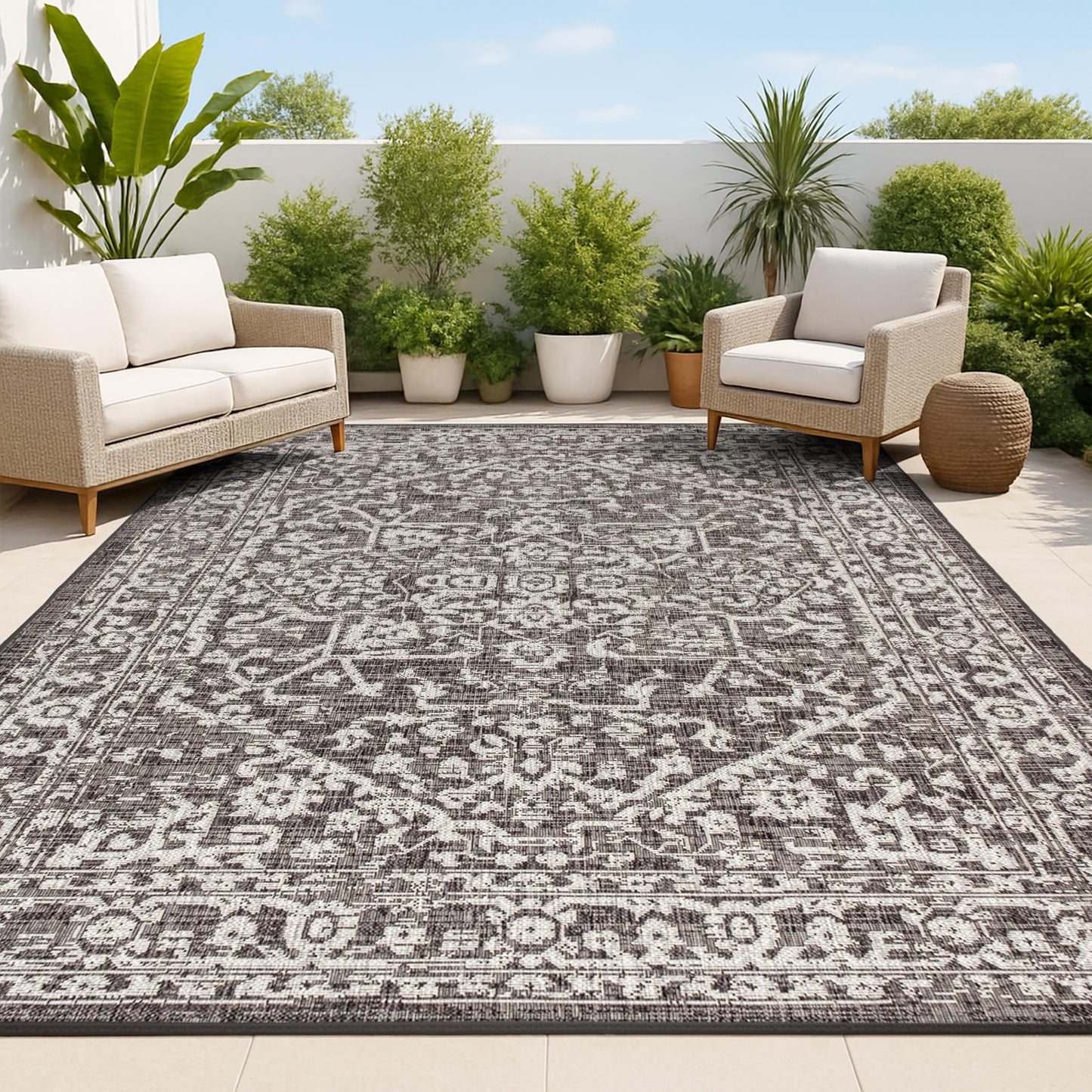 JONATHAN Y Boho Medallion Indoor Outdoor Area Rug 8X10 Black/Gray, Malta Textured Weave for Backyard, Patio, Porch, Easy-Cleaning, High Traffic, Pet-Friendly, Non-Shedding (SMB104C-8)