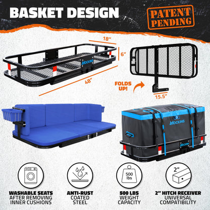 Mockins 2-in-1 Trailer Hitch Cargo Carrier Bench 48"x18"x6" w/ 15 CuFt Waterproof Truck Bed Storage Bag | 500 Lb Capacity Folding Cargo Hitch Carrier Tailgate Seat Bundle w/Stabilizer, Straps, & Lock