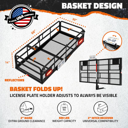 Mockins 66"x30"x14" XL High Rail Trailer Hitch Cargo Carrier w/ 45 CuFt Waterproof Cargo Bag for Hitch Carrier | 500 Lbs Cap Folding Luggage Rack for SUV Car Truck w/Rear Lights, Plate Bracket & More